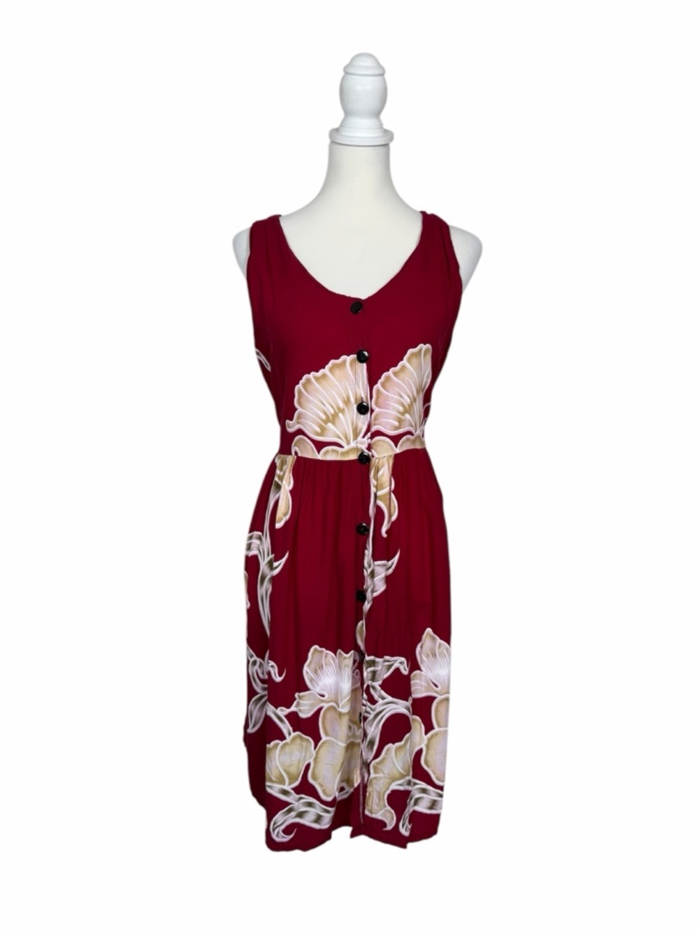 Caribbean Girl Vintage Floral Midi Dress Size L Button Front Tie Waist Summer